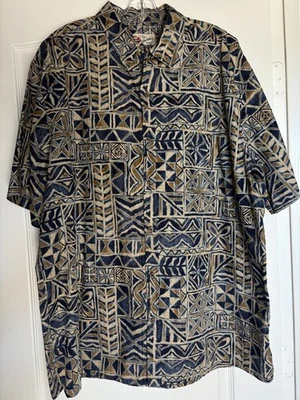 Hilo Hattie Mens 2XL XXL Button Down Shirt Blue Tan Geometric Hawaiian Hawaii  - Изображение 1 из 4