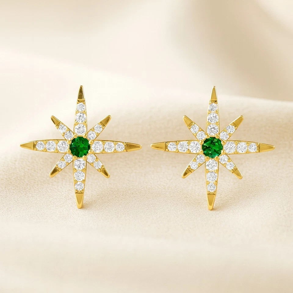 Lab Grown Emerald & Diamond Stud Earrings – 14K Solid Gold May Birthstone # 1023 - Image 1 of 1