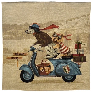 BLUE SCOOTER DOG RACERS 18" BELGIAN TAPESTRY CUSHION PILLOW COVER, VELVET BACK - Picture 1 of 6