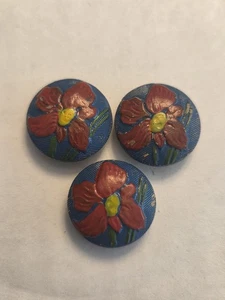 Vintage Hand Painted Red Flower Wood Buttons Set of 3 Poppy Hibiscus - Picture 1 of 6