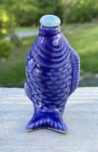 FINE Antique Vintage 1930s Chinese Porcelain Figural Snuff Bottle Blue Koi Fish - Picture 1 of 20