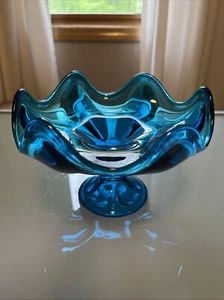 Vtg MCM Viking Art Glass Bluenique Epic 6 Petal Centerpiece Footed Compote READ - Picture 1 of 19