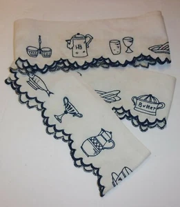 Vintage Curtain-Cupboard TRIM White Cotton/Blue Stitching Kitchen Items 3.5"wd. - Picture 1 of 8