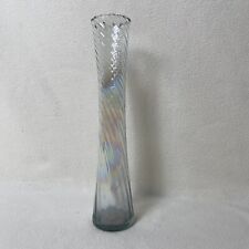VTG Iridescent Sparkle Sun Catch Swirl Gold Rim Clear Glass Bud Vase 10" Tall