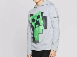 Boys' Minecraft Creeper Backer Hooded Long Sleeve T-Shirt New - Picture 1 of 1