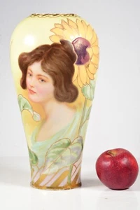 Antike Jugendstil Vase handbemalt Frauen und Sonnenblume selten signiert E. S. - Bild 1 von 14