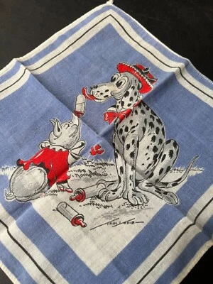 Vintage TOM LAMB Children's Handkerchief -  Dog Feeding Pig  8" X 8" - Image 1 of 2