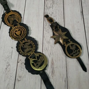 6 Vintage Pferdehalfter Messing Medaillons Lederriemen Trense Geschirr Cowboy - Bild 1 von 11