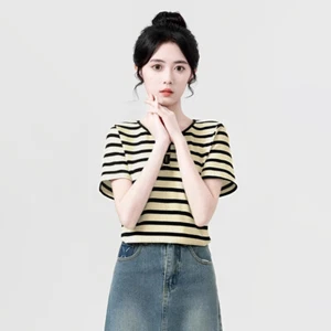 Women Summer Striped Front Metal Button Round Neck Short Sleeve CasuaWomenl Tops - Picture 1 of 13