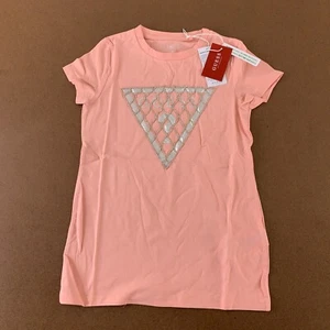 GUESS Girls Size 10 Pink Short Sleeve Rhinestone Chain Mesh Logo Tee NWT - Picture 1 of 8
