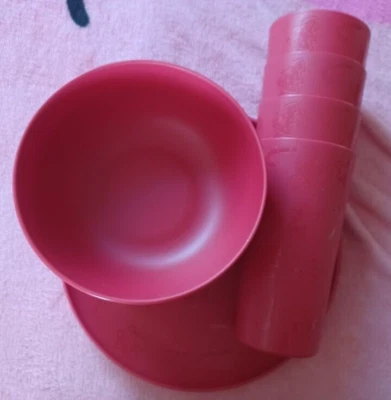 12 pcs Mainstays Plastic Dinner Plates,Cereal Bowls &Tumblers Etched Holiday red - Image 1 of 4