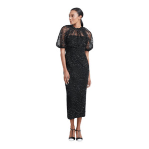 $1690 Lela Rose Black Tulle Swirl & Dot Print Midi Dress Size 4 NWT