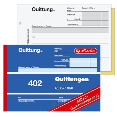 1-8 Stk. herlitz Quittungsblock 402 -  Quittung selbstdurchschreibend -  2x40 Bl - Bild 1 von 2