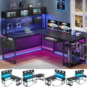 L Shaped Gaming Desk, Reversible Computer Desk with Power Outlet and Pegboard - Picture 1 of 8
