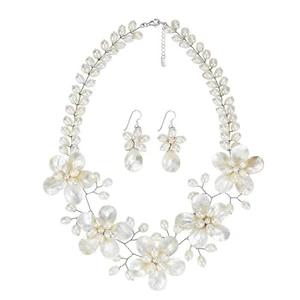 White Floral Pearl Necklace Earrings Fancy Jewelry Set - Picture 1 of 8