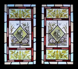 Rare Kiln Fired Painted Maidens & Birds On Lily Ponds Pair Stained Glass Windows - Picture 1 of 1