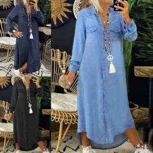 Ladies Maxi Dresses Long Sleeve Shirt Dress Women Baggy Lapel Collar V Neck - Picture 1 of 30
