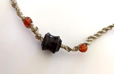 VINTAGE BEAD NATURAL HEMP MACRAME' HIPPIE SURFER BOHO NECKLACE CHOKER - Image 1 of 4