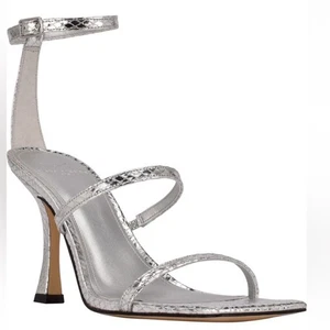 NWOT Marc Fisher Ltd Dalida Heeled Silver Embossed Strappy Sandals - Sz 8.5 - Picture 1 of 10