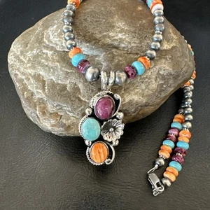 Multicolor Turquoise Spiny Navajo Sterling Silver Cluster Pendant Necklace 19641 - Picture 1 of 15