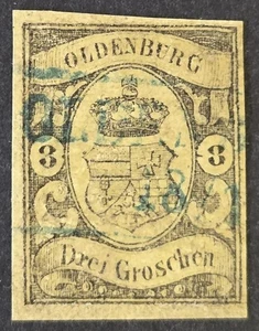 OLDENBURG GERMANY 1859 Used 3 Gr Black on Yellow Michel #8 CV €750 - Picture 1 of 2