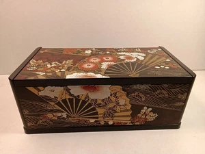 Scatola porta fazzoletti asiatica vintage specchiata nera laccata Yamanaka floreale Giappone - Foto 1 di 12