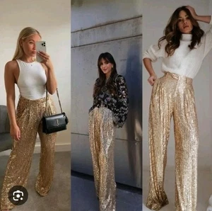 ZARA Gold Sequin Wide Leg Trousers High Waist Size M Medium 10 12 - Picture 1 of 10