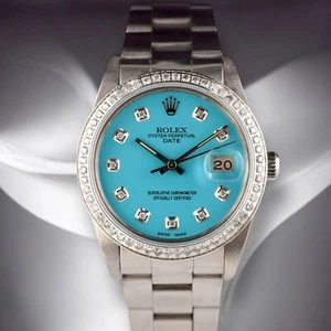 Rolex Date 34mm Ladies 1ct Baby Blue Diamond Dial Steel Oyster Watch 15000 - Picture 1 of 11