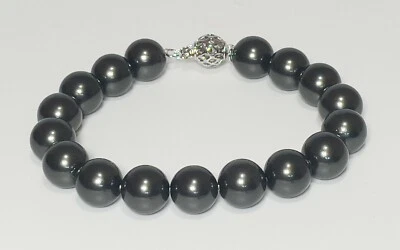 Brazalete de perlas con caparazón negro de 8-11 mm para mujer ajustes de plata de ley de 6-8" Foto 1 de 4