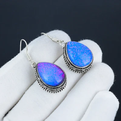 Blu Opale Australiano Gemma Design 925 Sterling Orecchini Argento Per Love Gift - Immagine 1 di 4