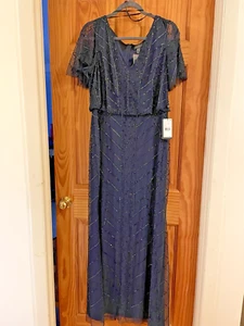 Adrianna Papell  V Neck Beaded With Flutter Sleeves Navy Evening Gown NWT  12 - Picture 1 of 2