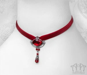 Gothic RED CRYSTAL VELVET CHOKER Ribbon Necklace Glass Beaded Victorian Silver - Picture 1 of 4