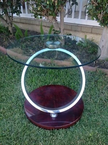 Vintage Antonini Style Stainless Steel Ring With Round Glass Table Wooden Base  - Picture 1 of 12