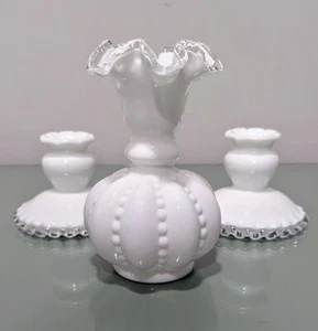 FENTON TRIO! "SILVER CREST" Vintage Vase and Candlesticks by Fenton Glass - Picture 1 of 9