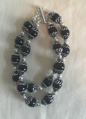 8mm Round Black Tourmaline Double Strand Bracelet 4mm Silverplated Spacers - Image 1 of 2