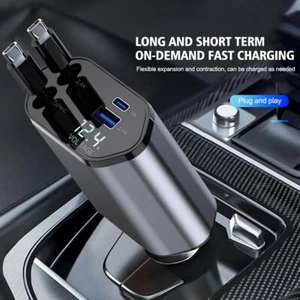 4IN1/100W Car Charger Retractable USB Type-C Cable For iPhone Android Phone N9R3 - Zdjęcie 1 z 7