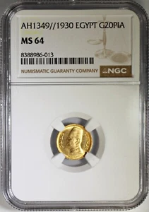 Egypt AH 1349 1930 Gold 20 Piastres NGC MS64 King Fuad 1st King of Egypt - Picture 1 of 2