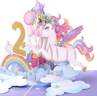 Tarjeta de cumpleaños Unicornio Feliz 2Nd, tarjeta de cumpleaños emergente para niños de 2 años, G Foto 1 de 4