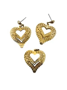 Gold Tone Piercework Heart Drop/Dangle Earrings and Pendant Set - Picture 1 of 6