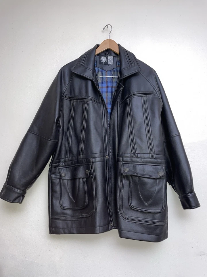 Chaqueta de Cuero Vintage Negro Botón Cremallera Cuero Abrigo Largo Para Hombre XL Foto 1 de 4