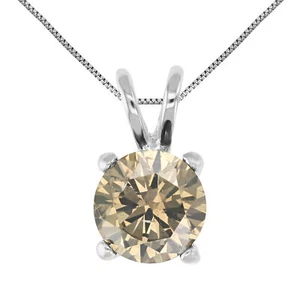 1 ct Champagne Diamond Solitaire Pendant Necklace in 14K White Gold Round Brown - Picture 1 of 5