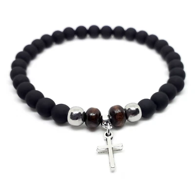 Bracciale con Croce perle Nero Legno in acciaio inox da uomo donna braccialetto - Immagine 1 di 2