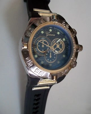 Men black & silver finish silicone band Geneva fashion casual hip hop watch - Image 1 of 4