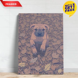 Playful Brown Puppy Running on Leaves Canvas Animals Framed 12x16" Wall Art - Picture 1 of 3