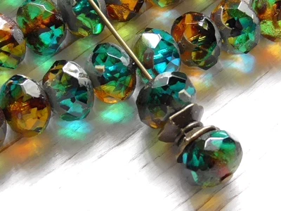 10 - 9x6mm CZECH TEAL BLUE, AMBER, GREEN PICASSO FACETED FP RONDELLE GLASS BEAD - Image 1 of 4