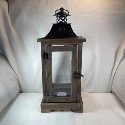 Rustic 15” Tall Wooden Lantern W/ Black Metal Top Glass Panel Sides - Image 1 of 4