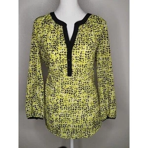 Willi Smith Womens Size L Yellow & Black Geometric Y Neck Top, V Neck Blouse - Picture 1 of 6