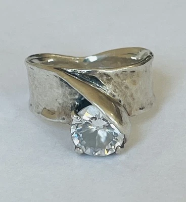 Noa Zuman Israel Hammered Sterling Silver Ring with Clear CZ  stone Size 8 - Image 1 of 4