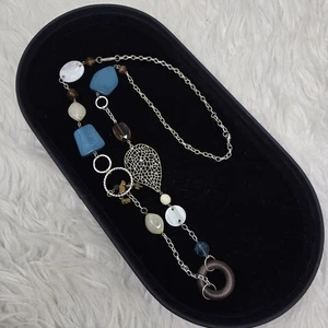 Blue Silver Tone Long Beaded Tiger Eye Bauble Layered Necklace Faux Wood - Picture 1 of 7