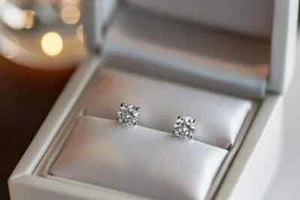1.00Ct Round Cut Real Moissanite Solitaire Stud Earrings 14K White Gold Plated - Picture 1 of 7